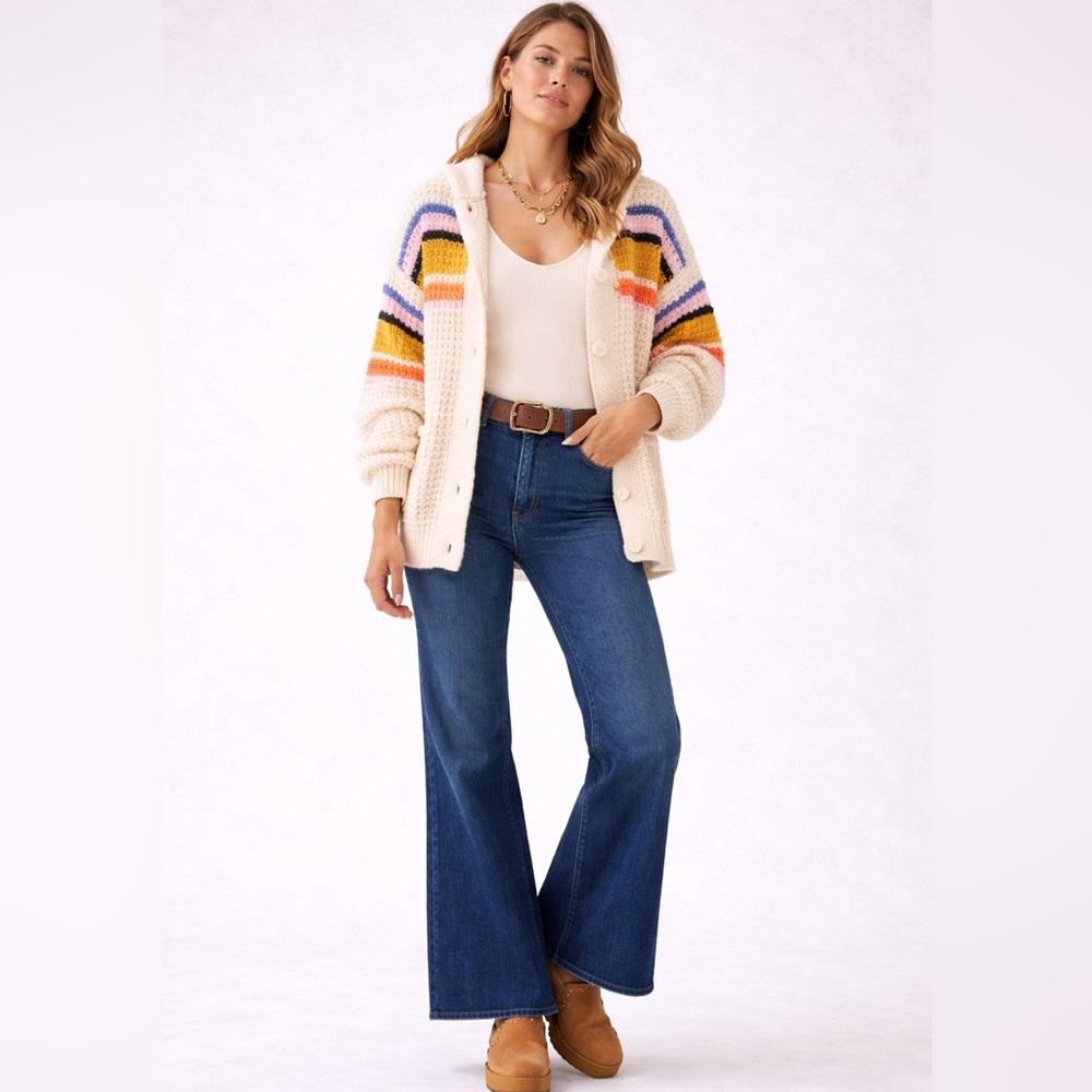 Lovestitch Retro Stripe Hooded Cardigan | Cozy Boho Cream Knit Sweater